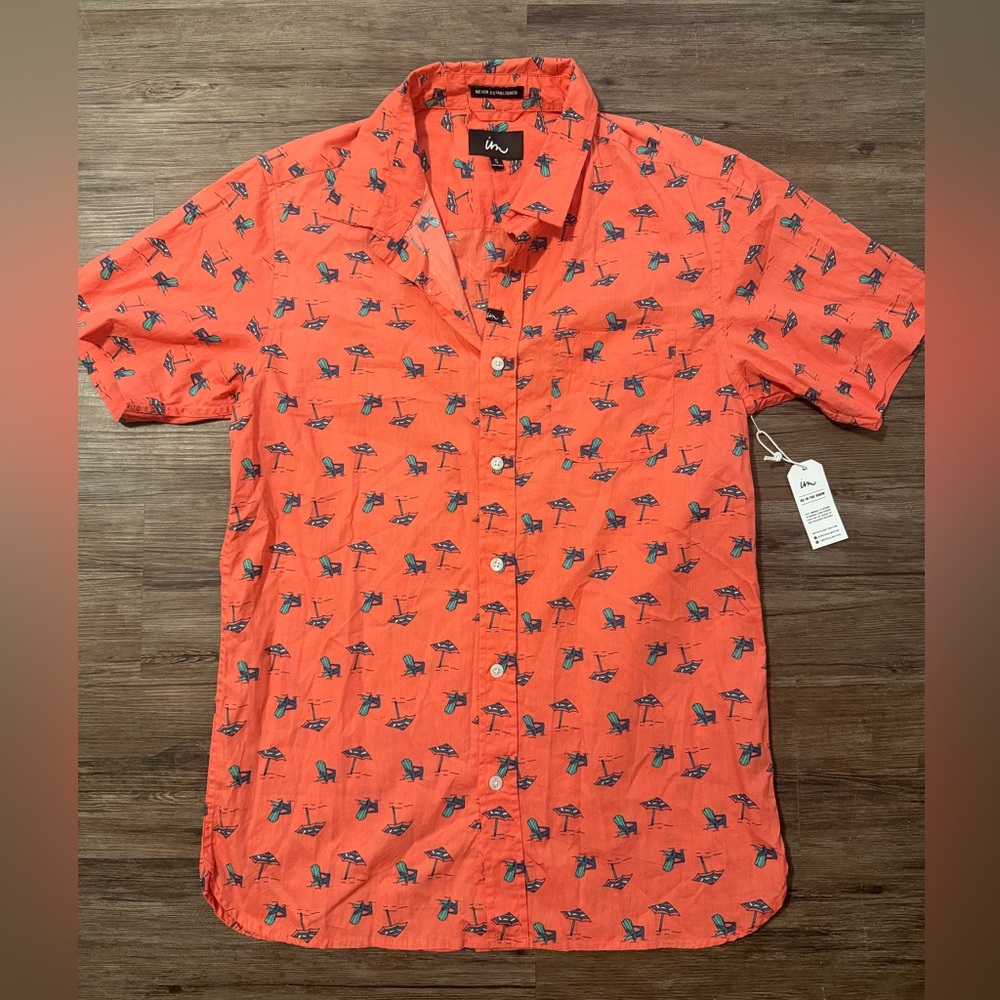 Imperial Motion Coral Short-Sleeve Button-Down Shirt with Beach Print